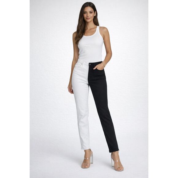 New York & Company Denim - New York & Company Black White Split Leg Colorblock Denim Jeans Womens Size 8